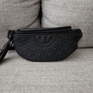 Tory Burch Fleming Matte Black Leather Quilted Belt Bag With Partial Gun Medal